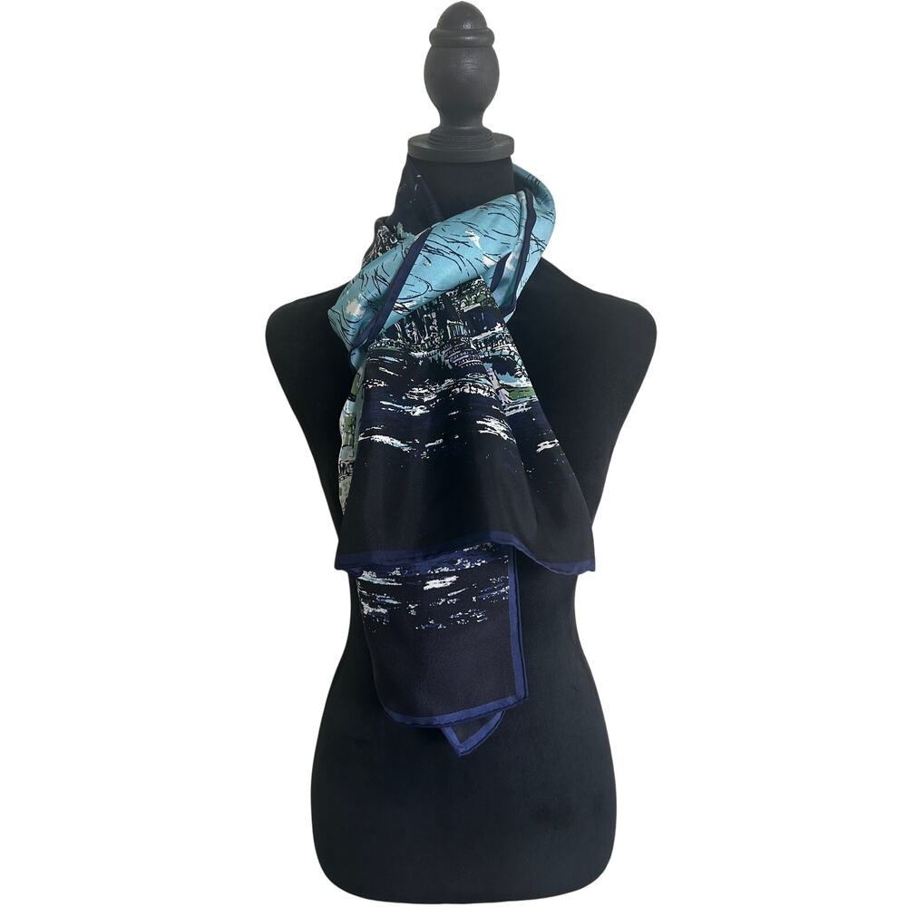 Talbots Silk Scarf Blue Venice Italy Canal Scenic Prin Oversized Luxury - Picture 3 of 11